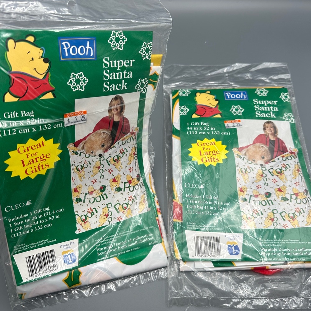 NOS Cleo Super Santa Sack Winnie the Pooh Christmas VTG 1999 Gift Bags Lot Of 2